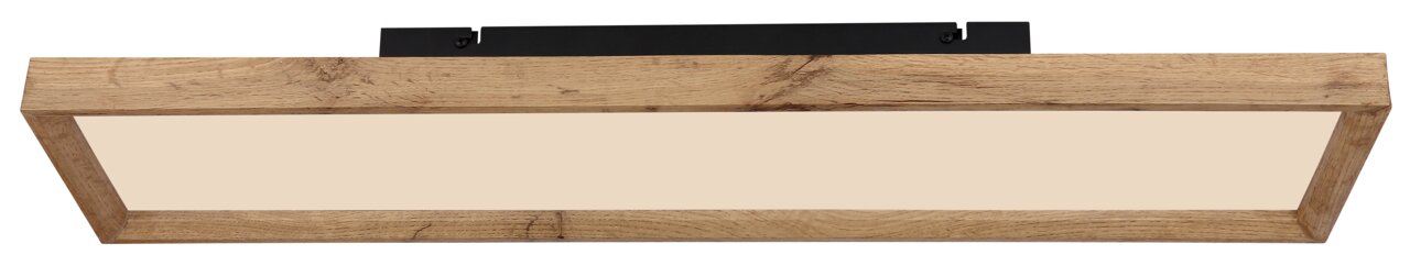 Rechteckige Deckenleuchte mit Holzrahmen, von unten betrachtet.