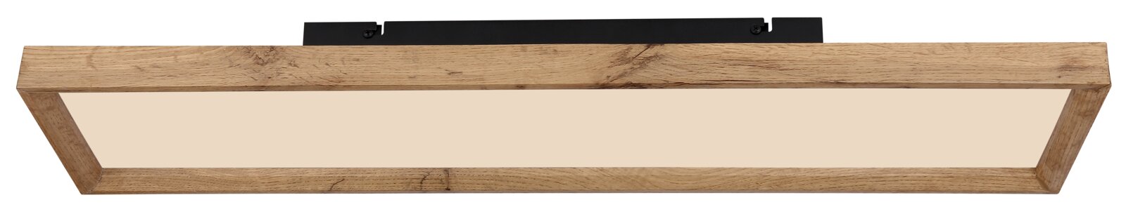 Rechteckige Deckenleuchte mit Holzrahmen, von unten betrachtet.