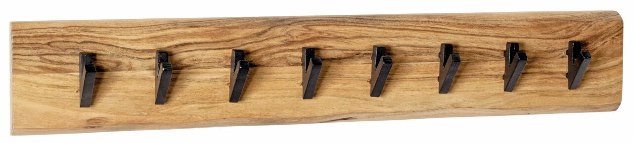 Linea Natura Wandkapstok RIVERA Wandgarderobe aus Holz mit sieben schwarzen Haken, frontal betrachtet