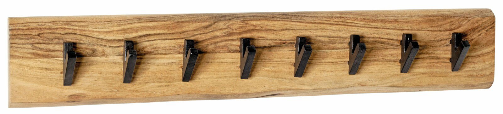 Wandgarderobe aus Holz mit sieben schwarzen Haken, frontal betrachtet