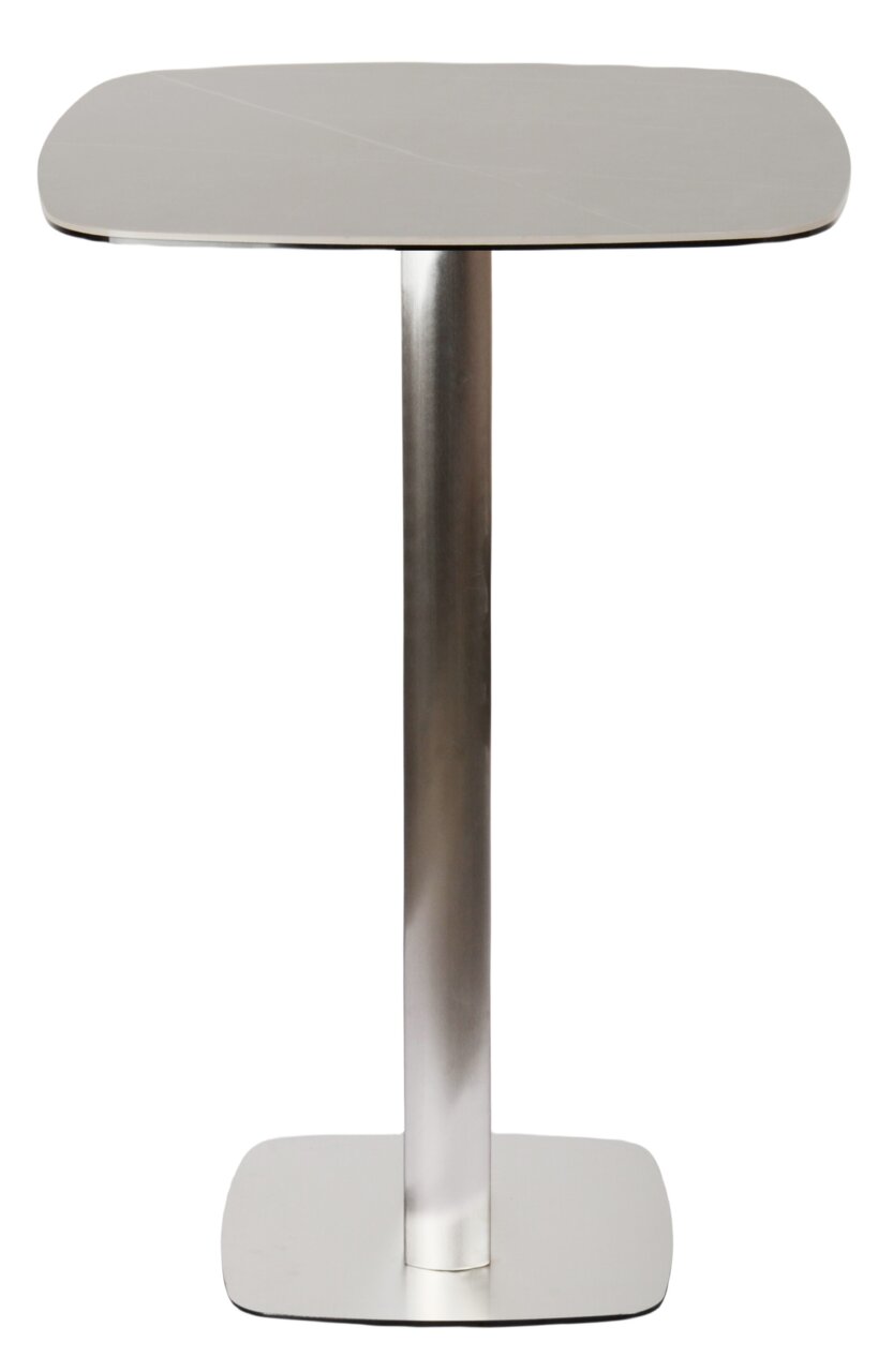 Moderner Bartisch aus Metall mit quadratischer Tischplatte und stabilem Standfuß, Frontalansicht.