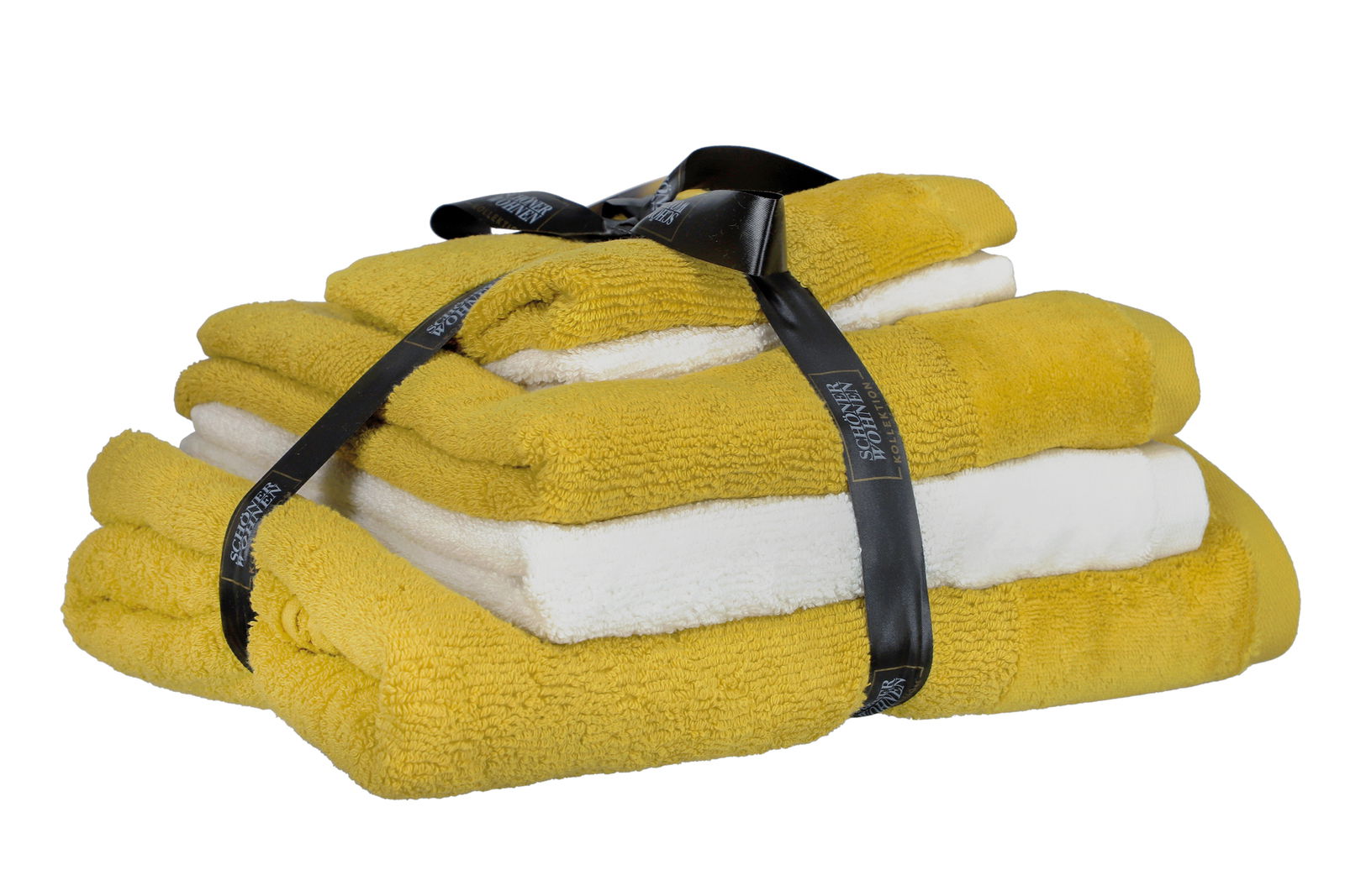 Frottierset 5-teilig in Gelb und Weiß, gebunden mit schwarzem Band, seitliche Perspektive