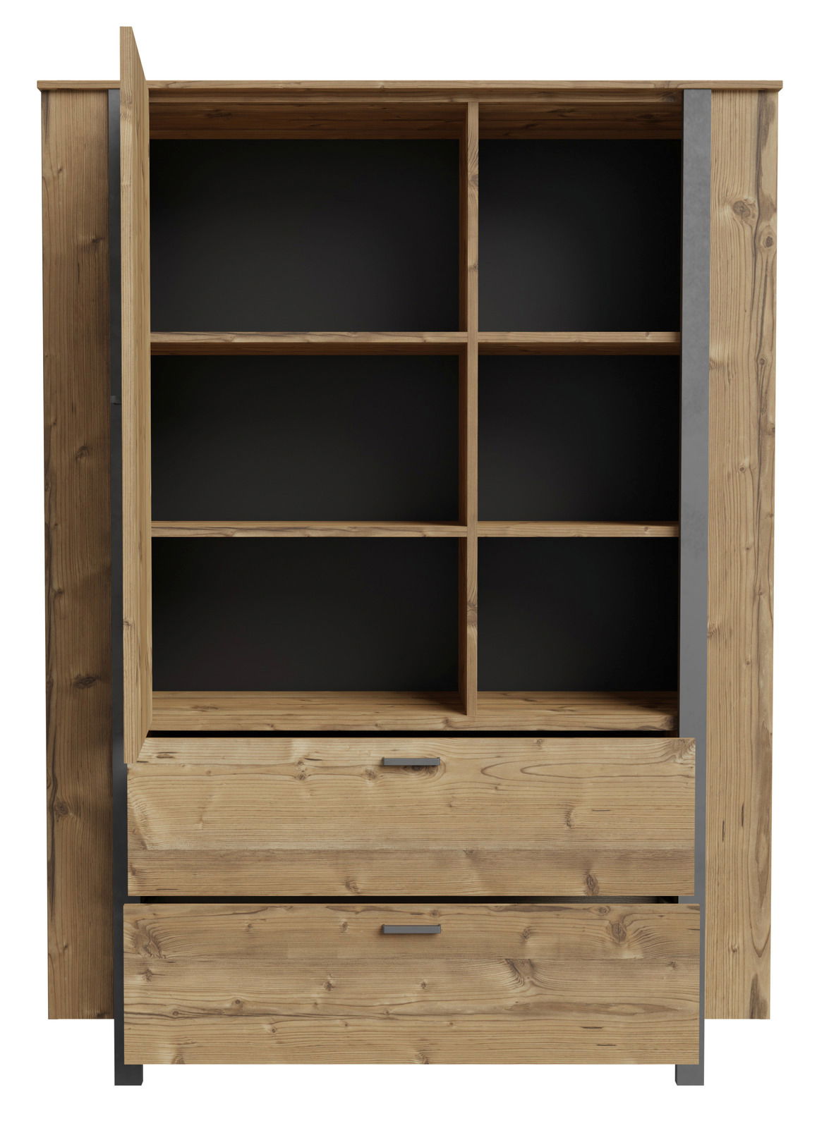 Frontansicht eines Highboards aus Holz mit offenen Fächern und zwei Schubladen.