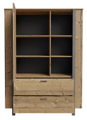 Frontansicht eines Highboards aus Holz mit offenen Fächern und zwei Schubladen.