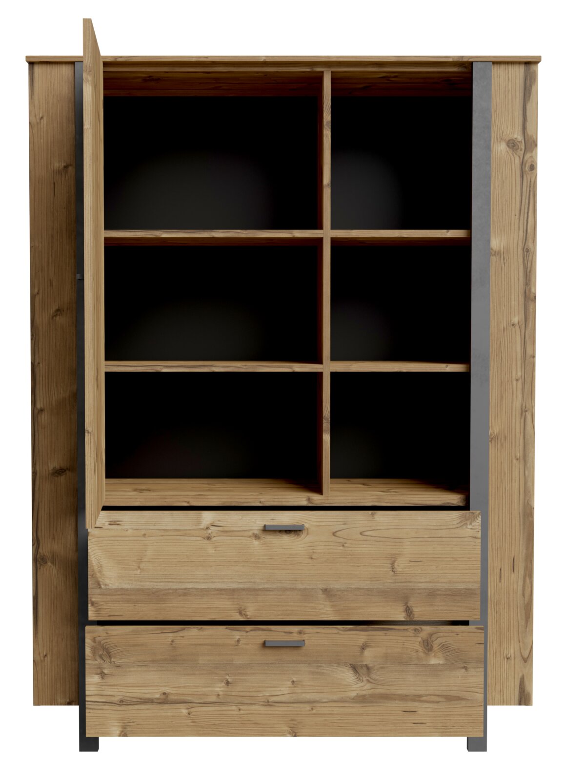 Vooraanzicht van een houten hoogkast met open vakken en twee lades.