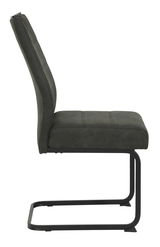 Seitenansicht eines modernen Schwingstuhls mit schwarzem Metallgestell und gepolstertem Sitz in dunklem Stoff.