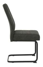 Seitenansicht eines modernen Schwingstuhls mit schwarzem Metallgestell und gepolstertem Sitz in dunklem Stoff.