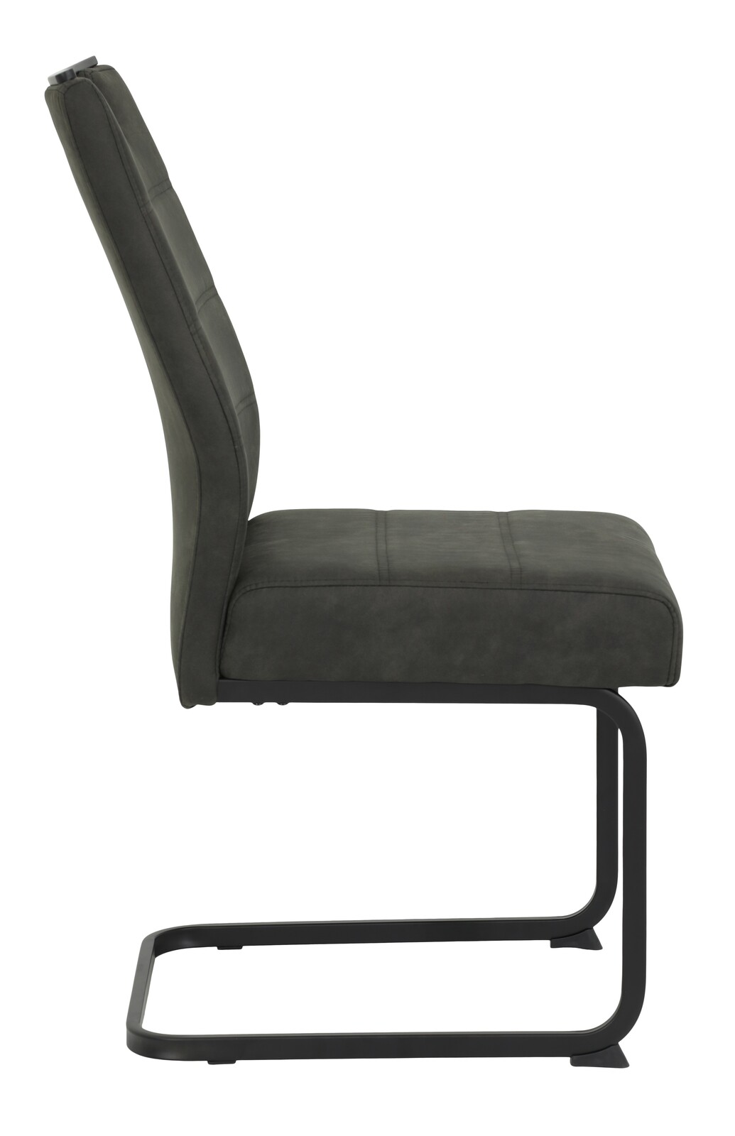 Seitenansicht eines modernen Schwingstuhls mit schwarzem Metallgestell und gepolstertem Sitz in dunklem Stoff.