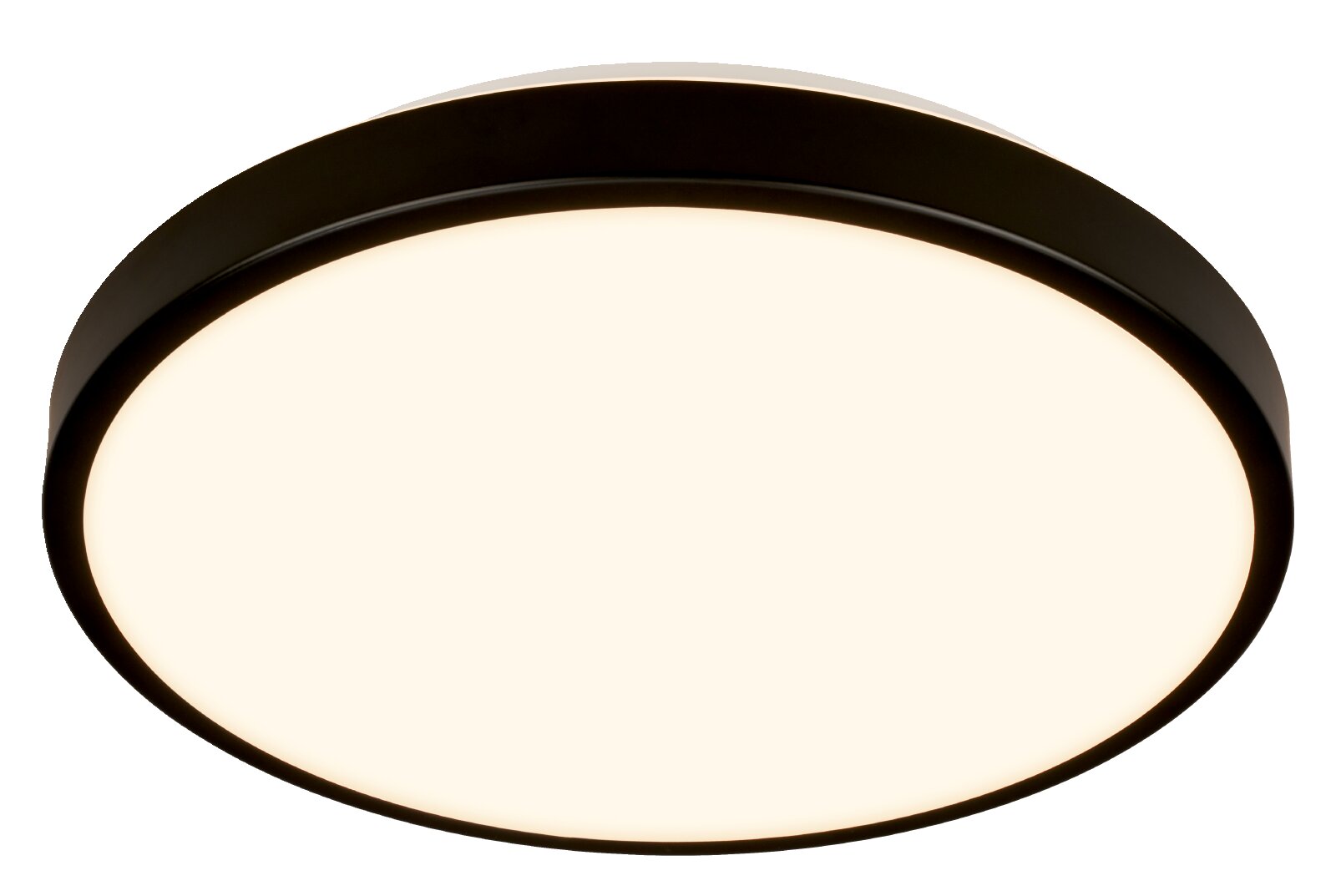 Briloner LED-plafondlamp CHET Ronde, plafondgemonteerde LED plafondlamp met zwarte rand en warmwitte diffuser, productfoto in licht schuin onderaanzicht