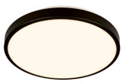 Ronde, plafondgemonteerde LED plafondlamp met zwarte rand en warmwitte diffuser, productfoto in licht schuin onderaanzicht