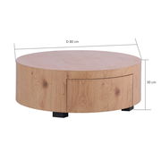 Runder Couchtisch aus Holz mit Schublade, 80 cm Durchmesser, 30 cm Höhe, frontale Perspektive