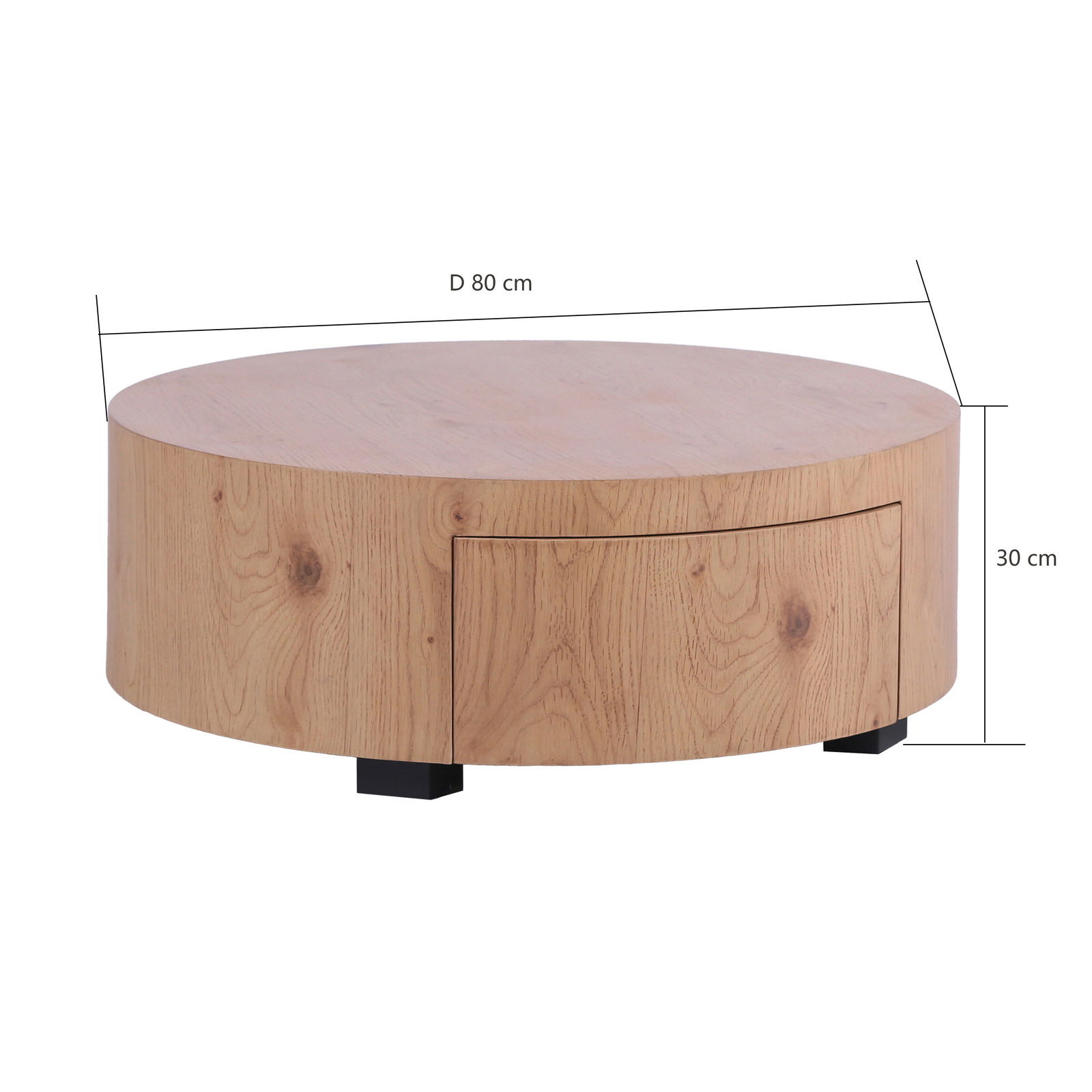 Runder Couchtisch aus Holz mit Schublade, 80 cm Durchmesser, 30 cm Höhe, frontale Perspektive