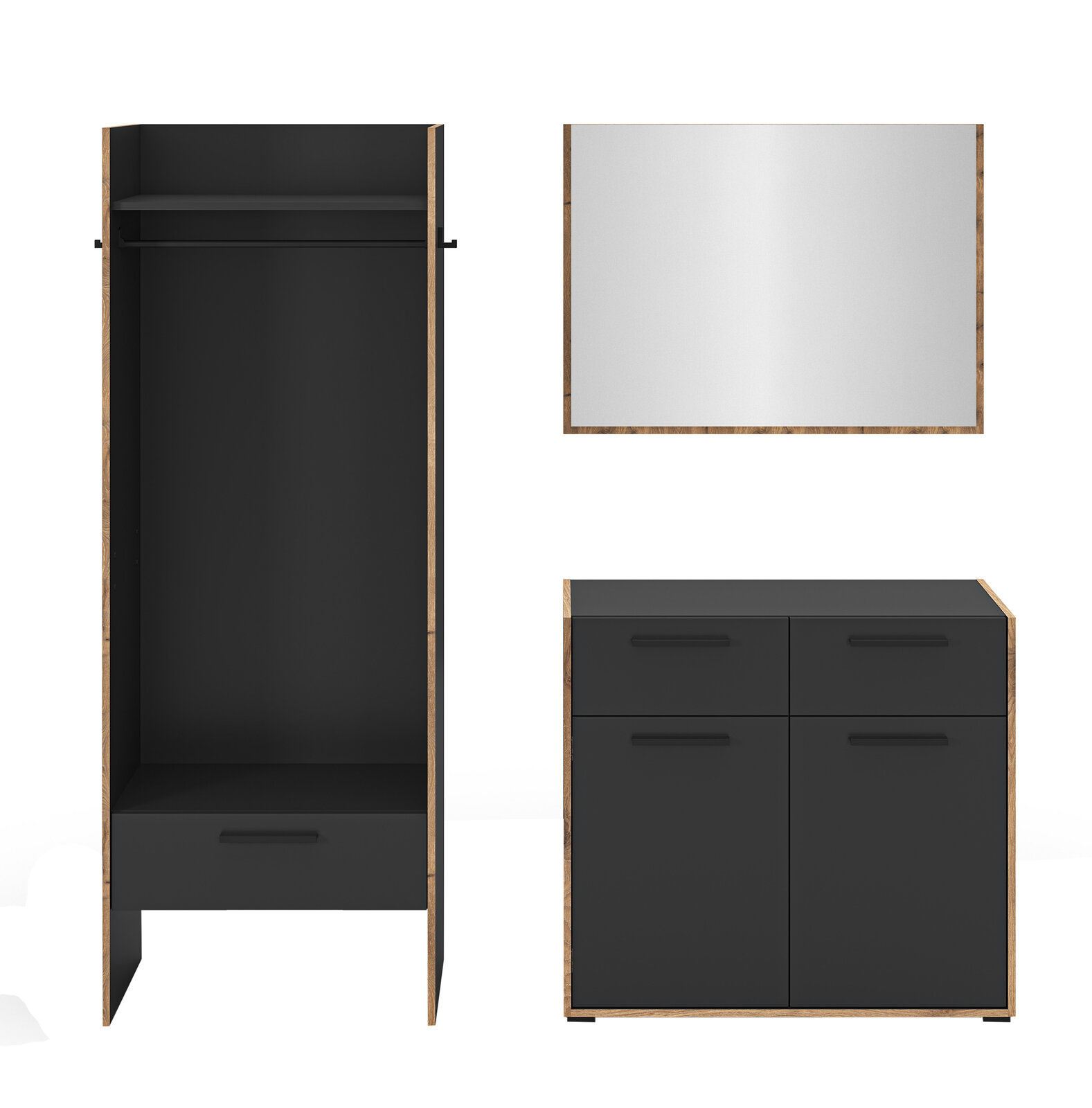 Modernes Möbel-Set in Schwarz mit Holzrahmen: offener Kleiderschrank mit Kleiderstange und Schublade (Frontansicht), Kommode mit vier Schubladen (Frontansicht) und rechteckiger Spiegel mit Holzrahmen (Frontalansicht)