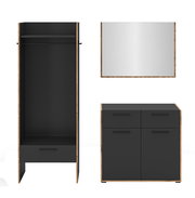 Modernes Möbel-Set in Schwarz mit Holzrahmen: offener Kleiderschrank mit Kleiderstange und Schublade (Frontansicht), Kommode mit vier Schubladen (Frontansicht) und rechteckiger Spiegel mit Holzrahmen (Frontalansicht)