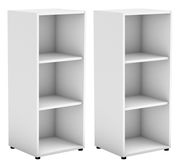 Zwei weiße Unterstellregale mit jeweils drei offenen Fächern, frontal betrachtet.