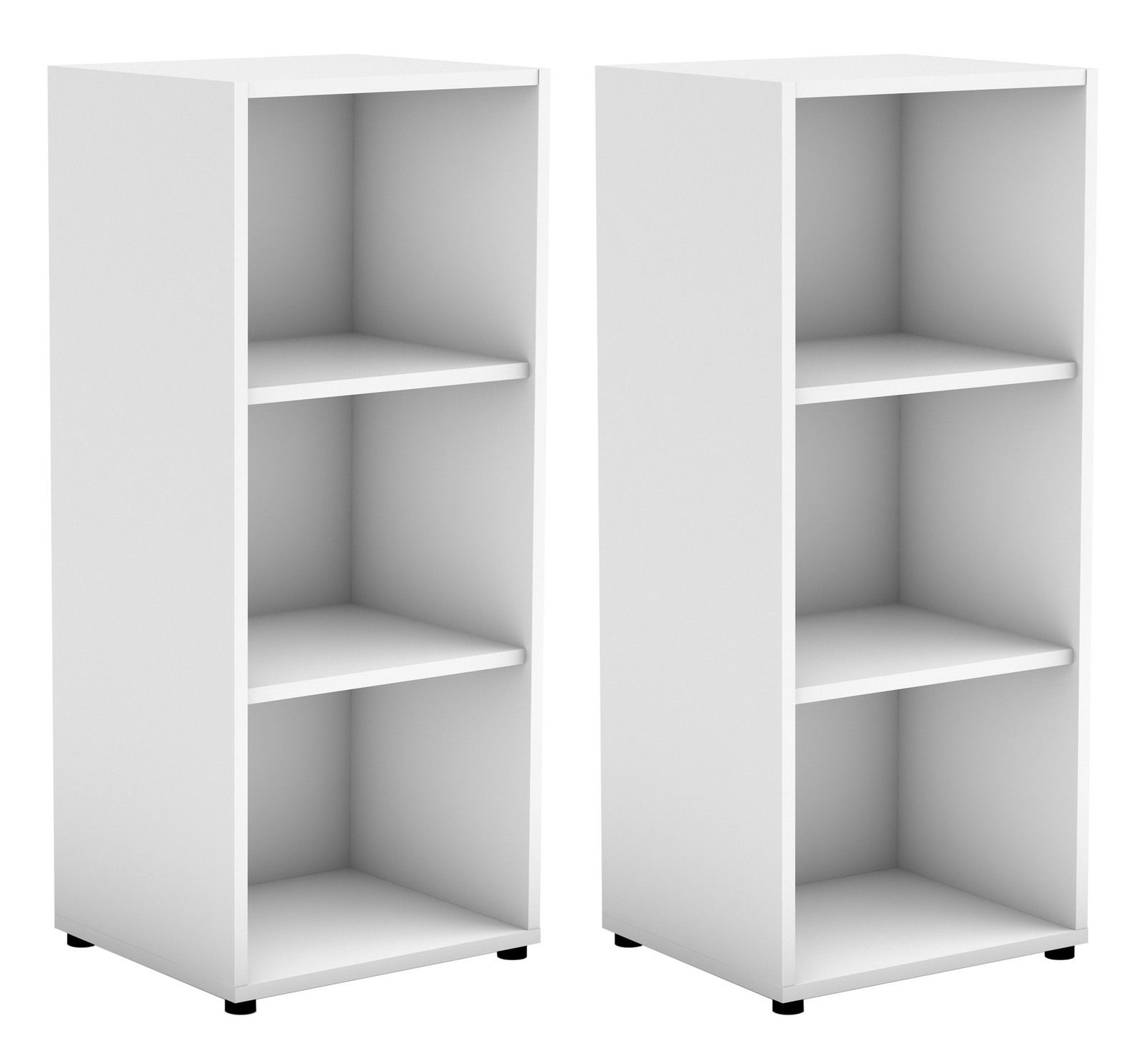 MyBaby Unterstellregal (2er-Set) BIBO Zwei weiße Unterstellregale mit jeweils drei offenen Fächern, frontal betrachtet.