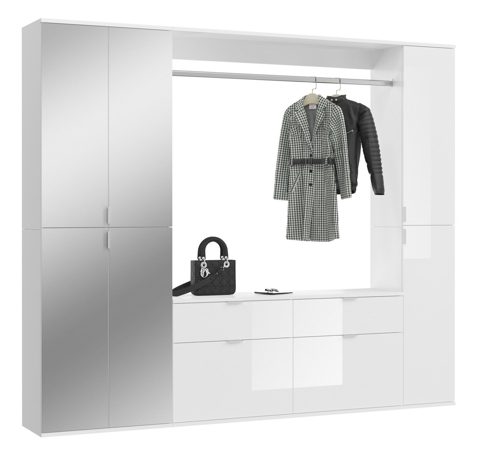 Garderobenkombination in Weiß mit Spiegel, Kleiderstange und Stauraum, frontal betrachtet