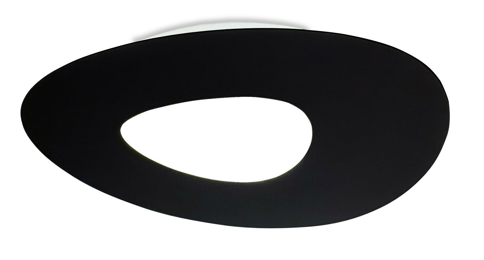 Moderne LED-Deckenleuchte in organischer Form, schwarze Oberfläche, Ansicht von unten.