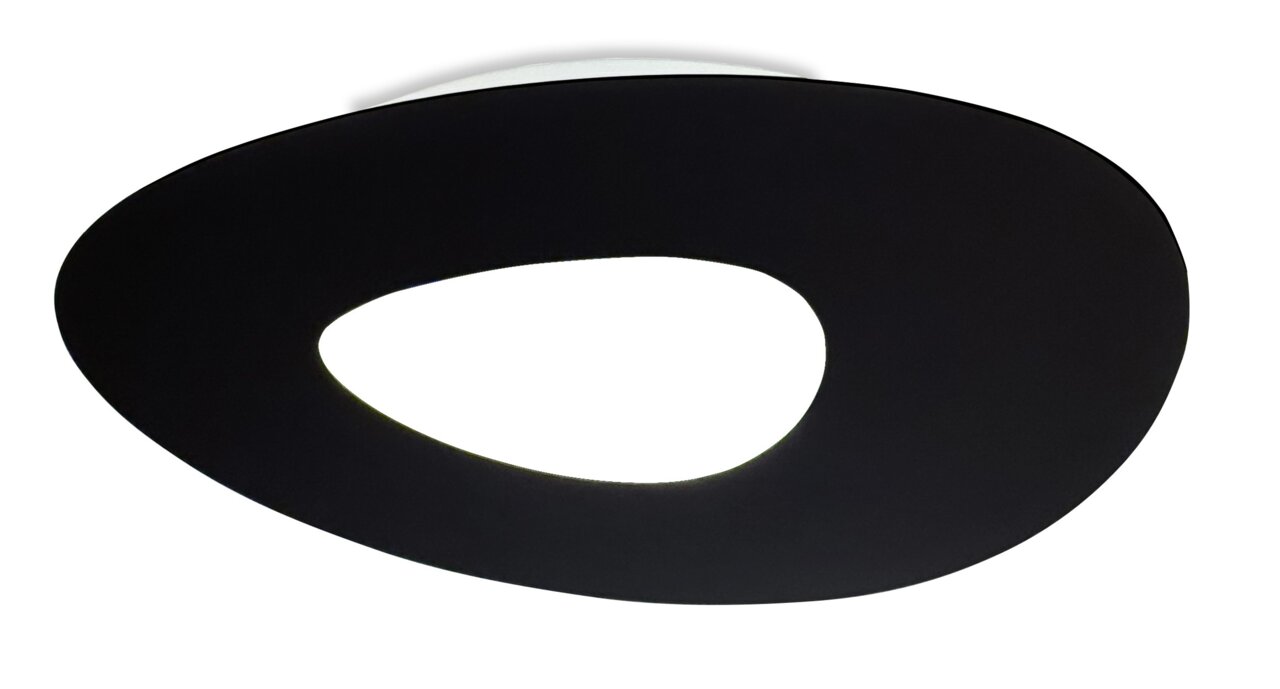 Moderne LED-Deckenleuchte in organischer Form, schwarze Oberfläche, Ansicht von unten.