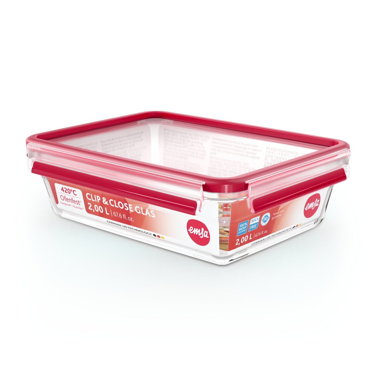 Rechteckige Glasbox mit rotem Deckel, 2,00 L Fassungsvermögen, aus seitlicher Perspektive