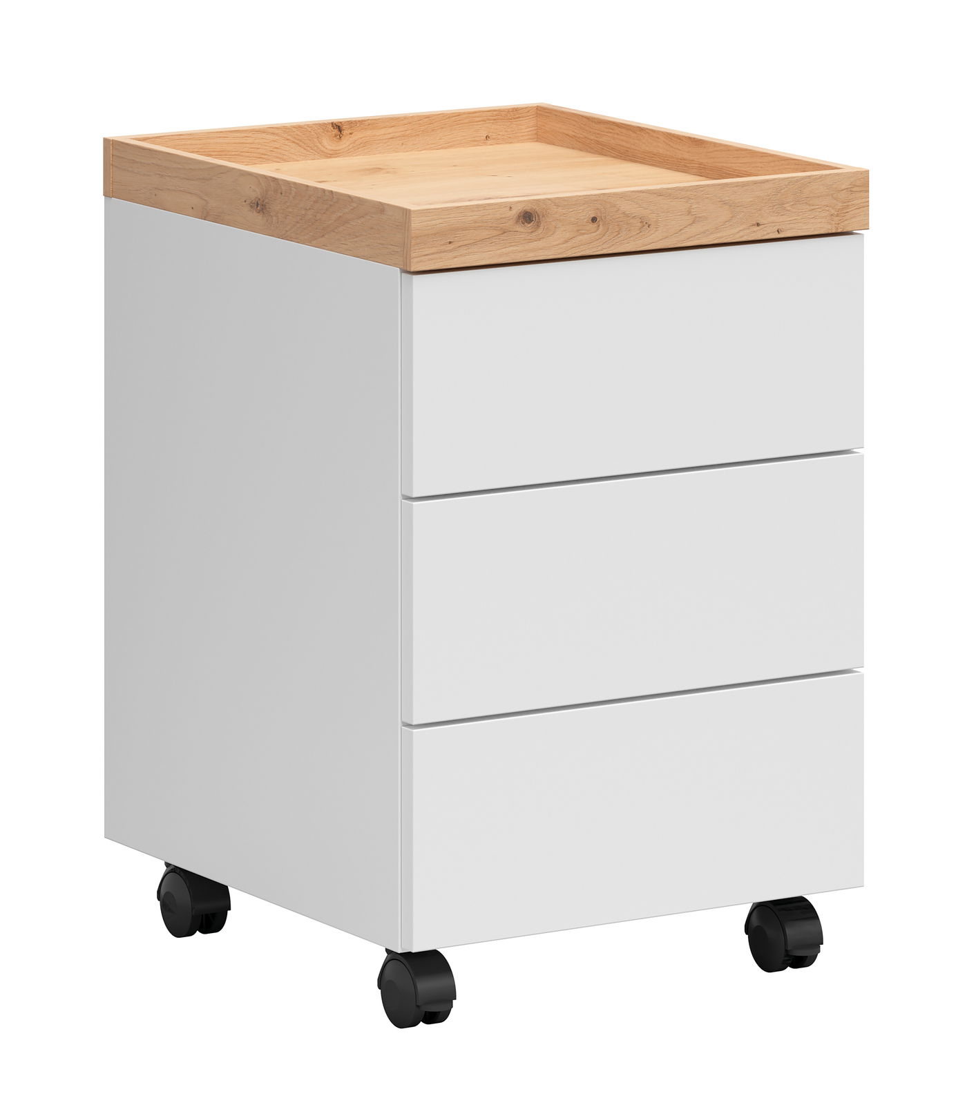 Novel Rollcontainer Rollcontainer mit drei Schubladen, weiß mit Holzoberfläche, auf Rollen, seitliche Perspektive