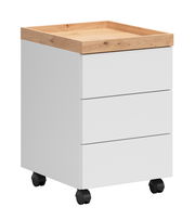 Rollcontainer mit drei Schubladen, weiß mit Holzoberfläche, auf Rollen, seitliche Perspektive