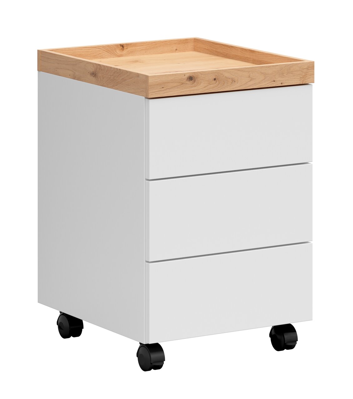 Rollcontainer mit drei Schubladen, weiß mit Holzoberfläche, auf Rollen, seitliche Perspektive