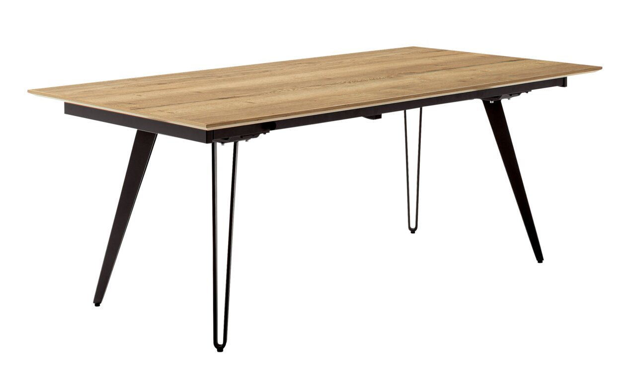 Moderner Esstisch mit Holzplatte und schwarzen Metallbeinen, seitliche Perspektive