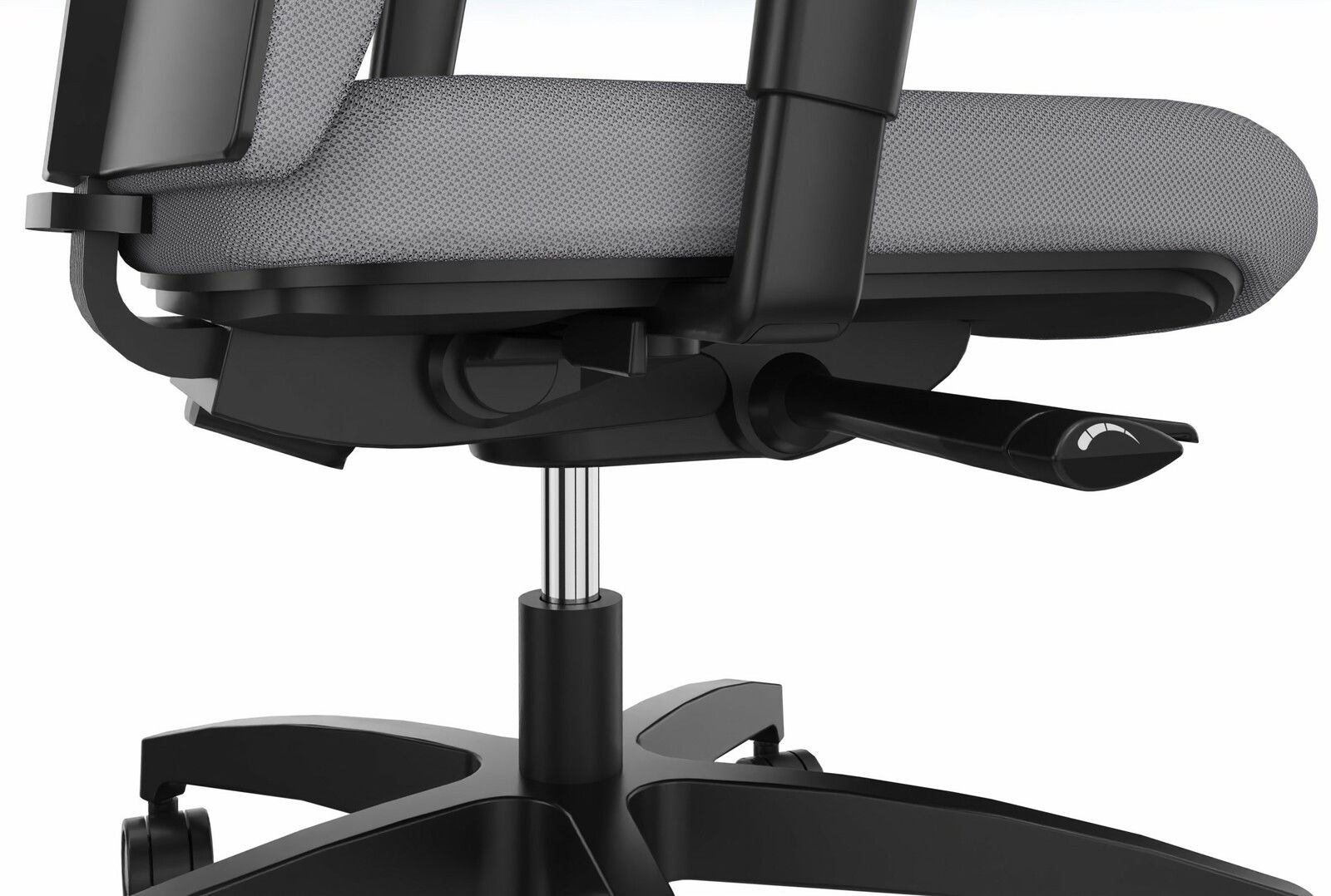 Seitenansicht eines modernen Drehstuhls mit grauem Sitzpolster und schwarzem Gestell.