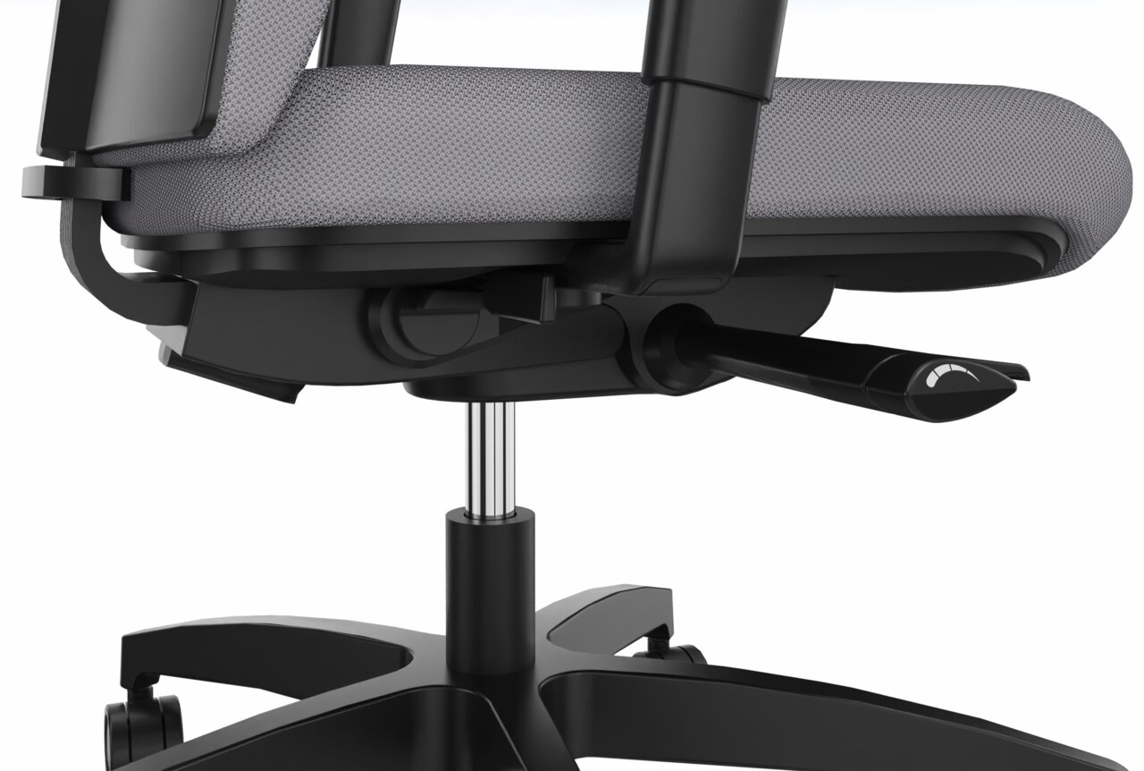 Seitenansicht eines modernen Drehstuhls mit grauem Sitzpolster und schwarzem Gestell.