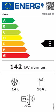 Energieeffizienzklasse E für Einbaukühlschrank, 142 kWh/Jahr, 14 L Gefrierfach, 104 L Kühlfach, 39 dB Lautstärke, Frontalansicht.