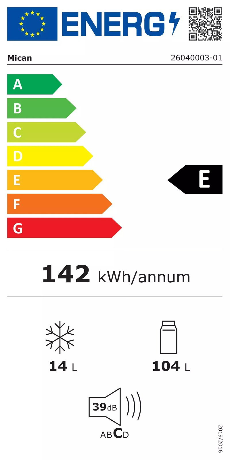 Energieeffizienzklasse E für Einbaukühlschrank, 142 kWh/Jahr, 14 L Gefrierfach, 104 L Kühlfach, 39 dB Lautstärke, Frontalansicht.