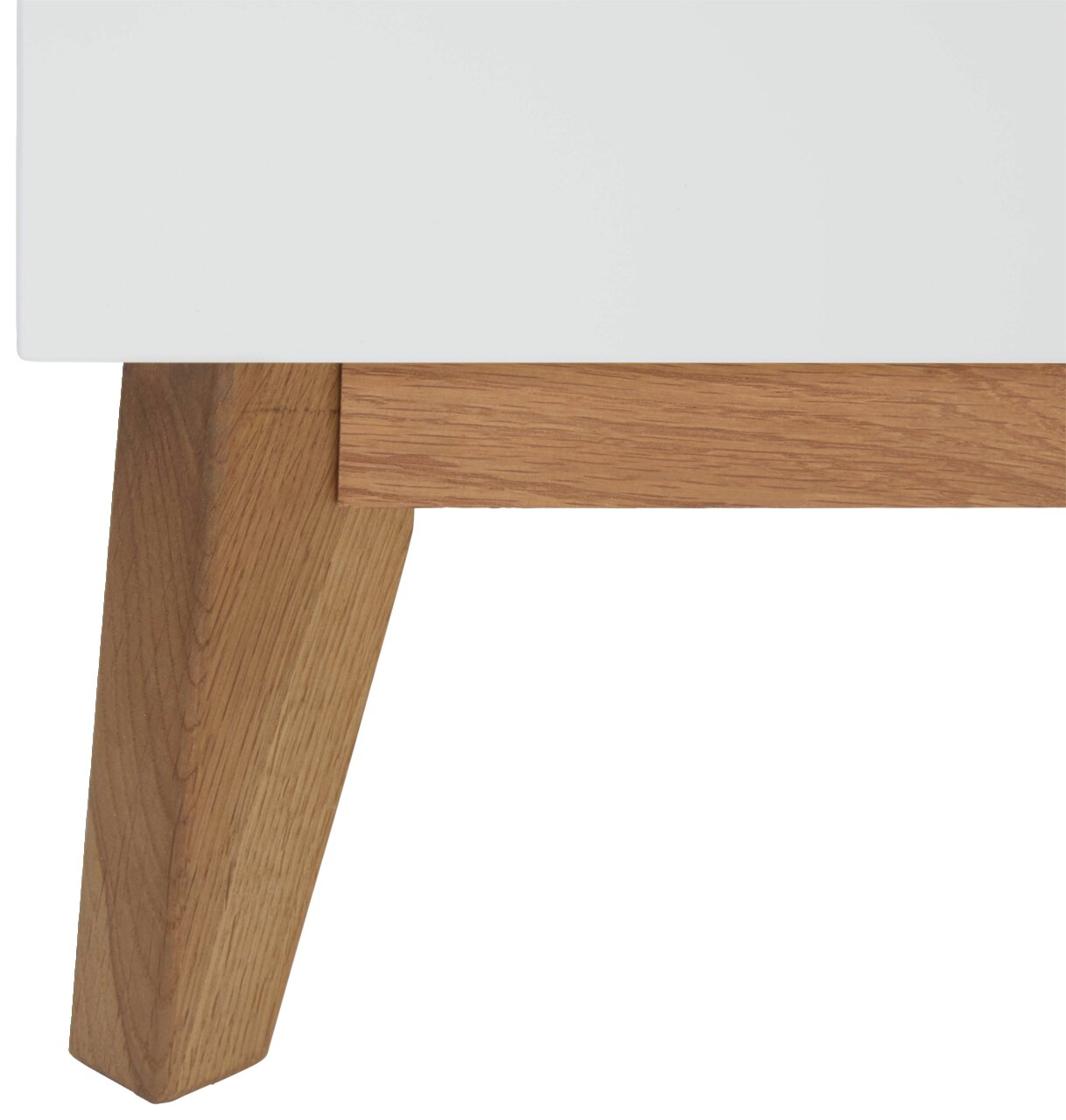 Nahaufnahme eines Sekretärs mit weißer Oberfläche und Holzbein, seitliche Perspektive