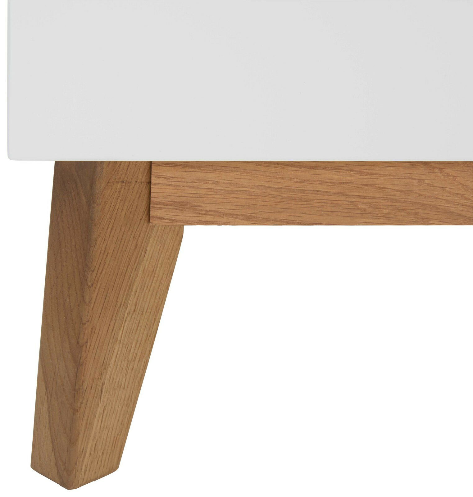 Nahaufnahme eines Sekretärs mit weißer Oberfläche und Holzbein, seitliche Perspektive