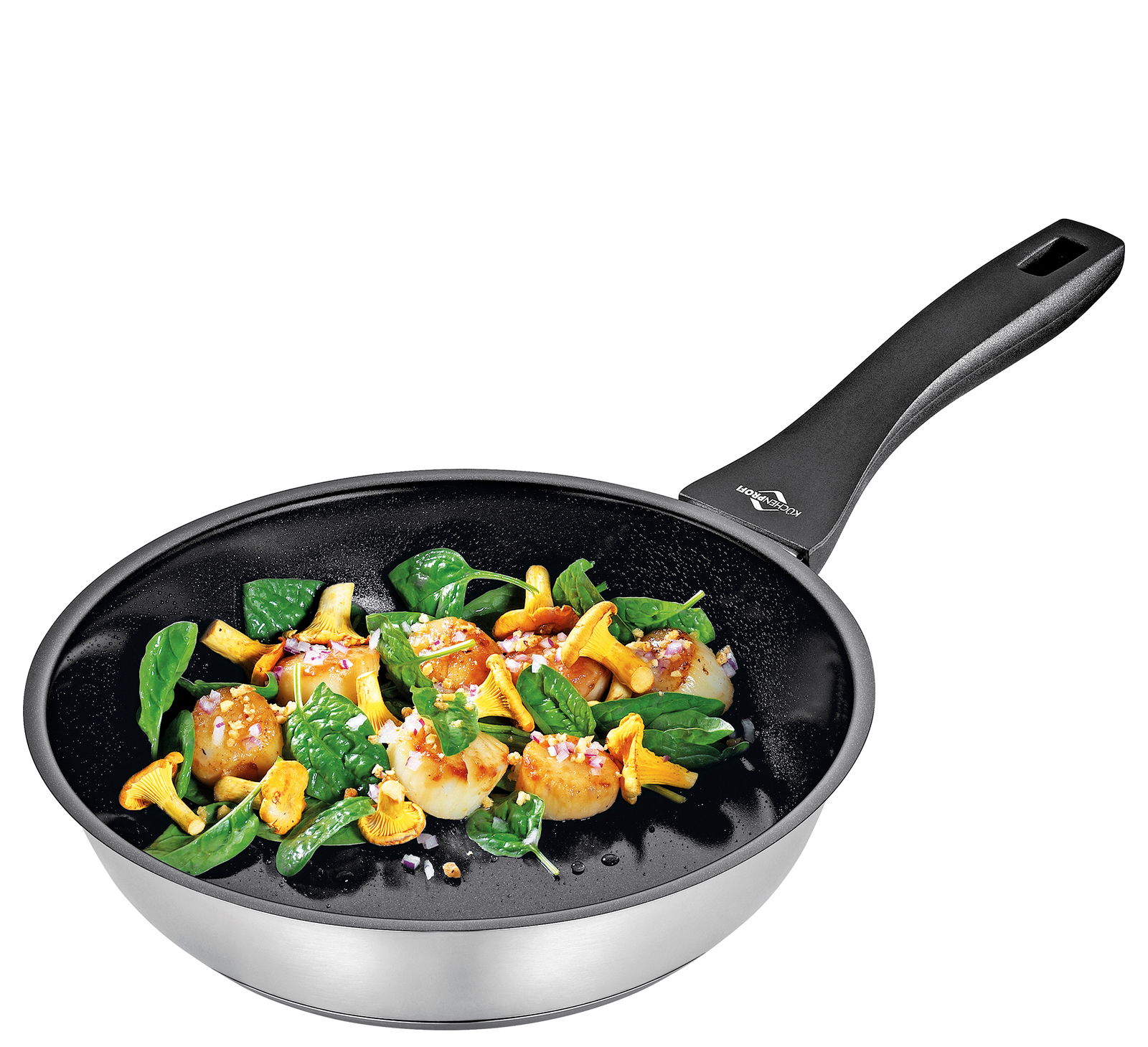 Bratpfanne ROMA, 24 cm, mit gebratenem Gemüse und Meeresfrüchten, seitliche Perspektive