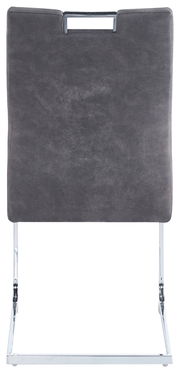 Rückansicht eines grauen Schwingstuhls mit verchromtem Gestell.