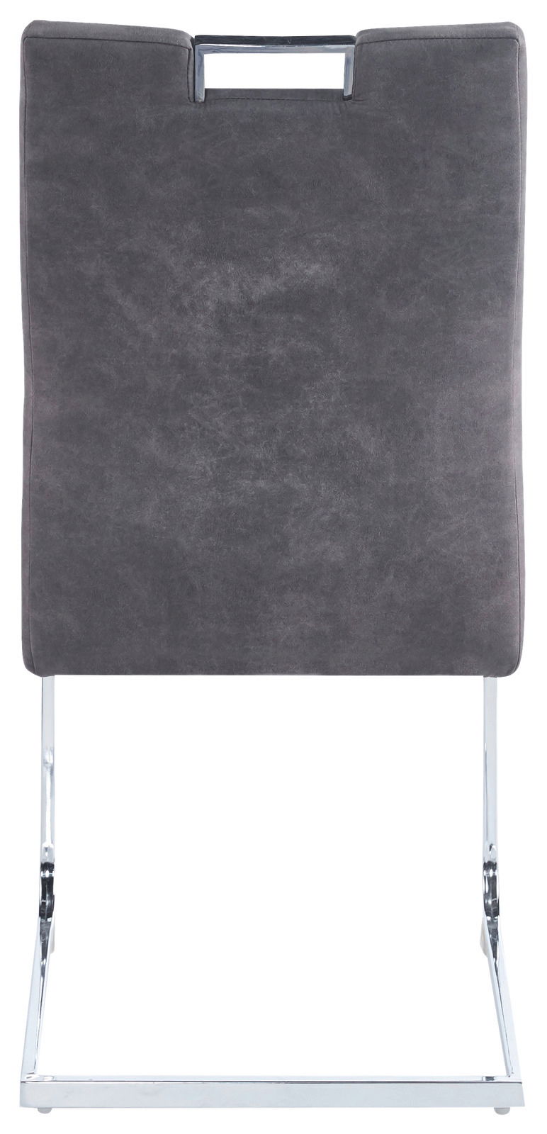 Rückansicht eines grauen Schwingstuhls mit verchromtem Gestell.