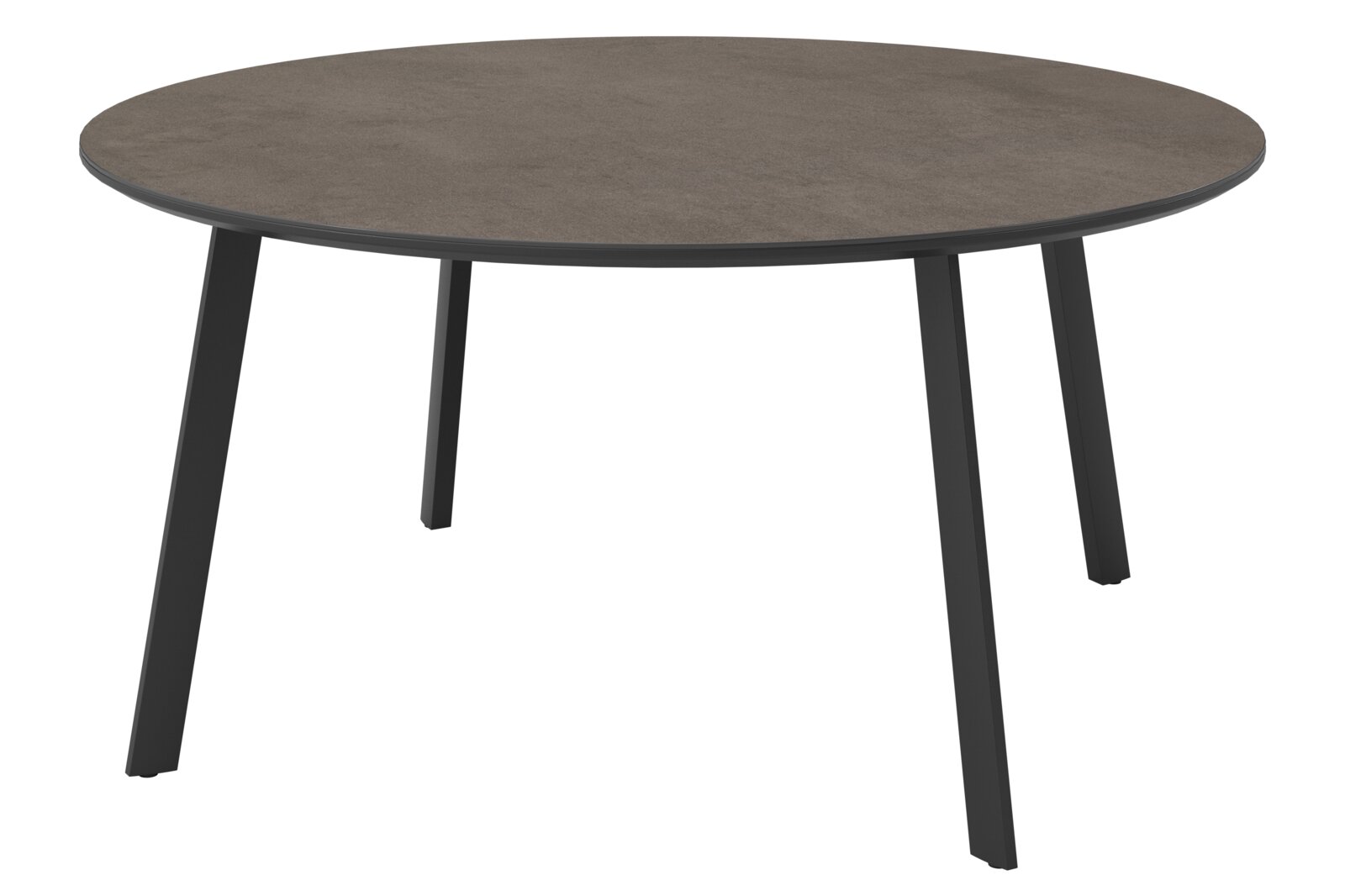 Runder Gartentisch mit dunkler Tischplatte und schwarzen Beinen, seitliche Perspektive