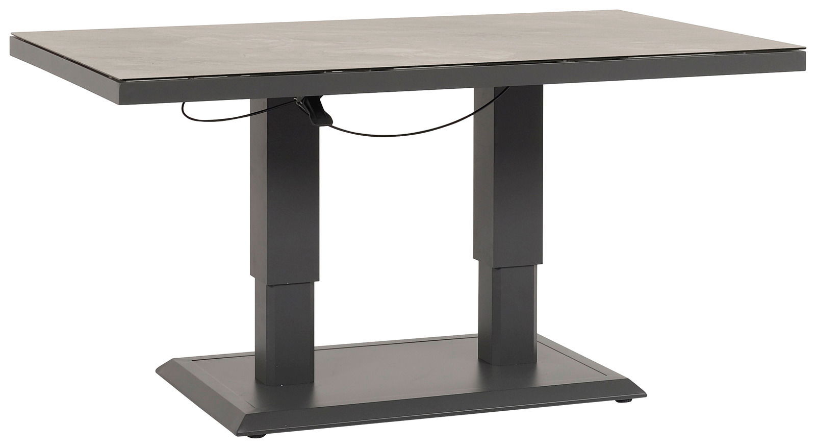 Moderner Gartentisch mit rechteckiger Tischplatte und stabilen, doppelten Tischbeinen aus Metall, seitliche Perspektive.