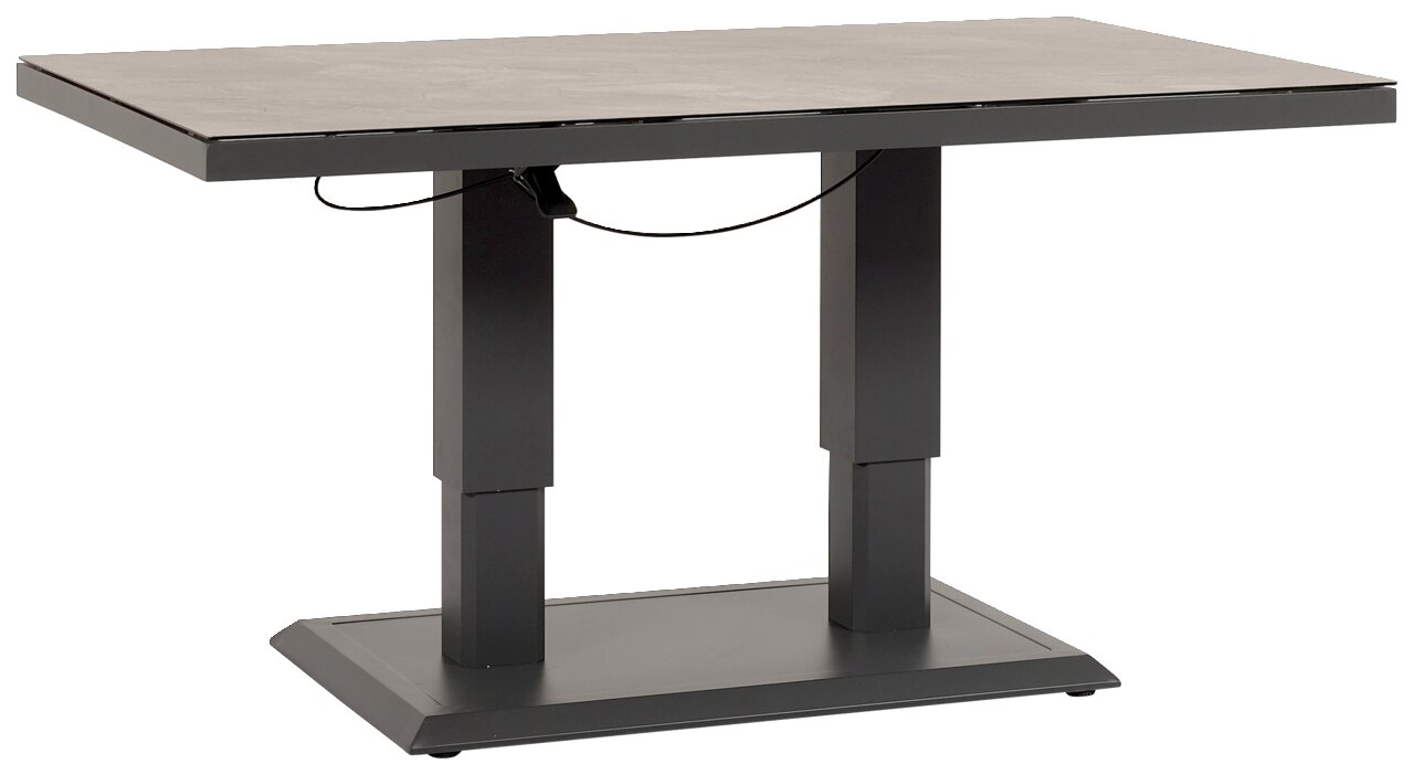 Moderner Gartentisch mit rechteckiger Tischplatte und stabilen, doppelten Tischbeinen aus Metall, seitliche Perspektive.