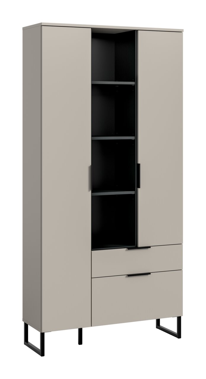MID.YOU Stauraumtype NOIDA Moderner, hoher Schrank in Beige mit schwarzen Metallfüßen, zwei Türen (eine geöffnet) und zwei Schubladen, Innenraum schwarz mit Einlegeböden, Ansicht schräg von vorne