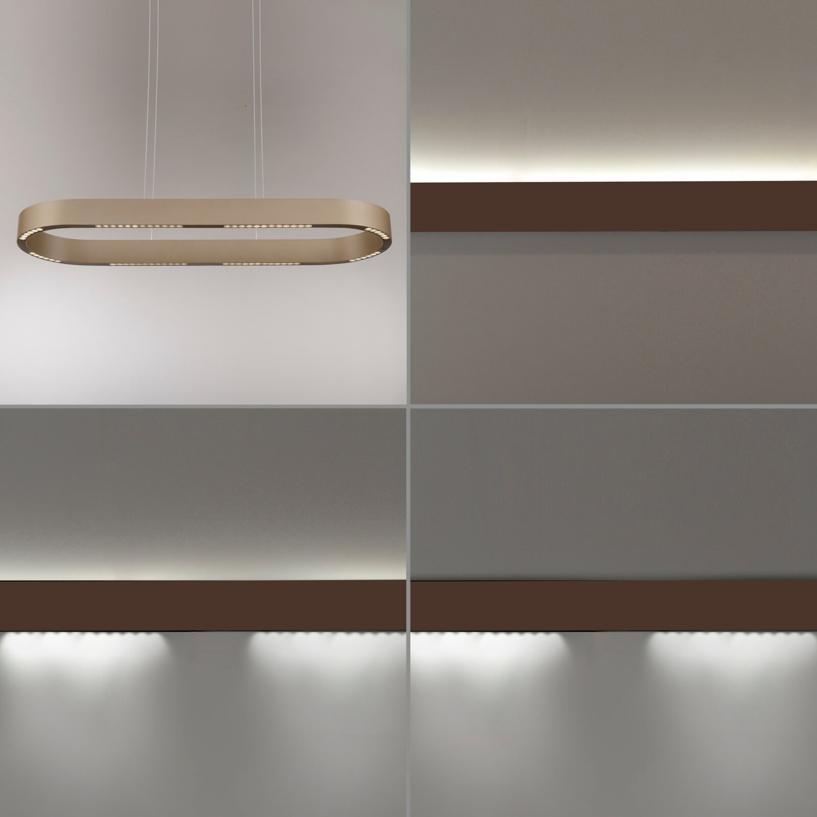 Moderne ovale LED-Pendelleuchte in Beige/Champagner, an dünnen Seilen aufgehängt, vor heller Wand – Frontansicht leicht von unten