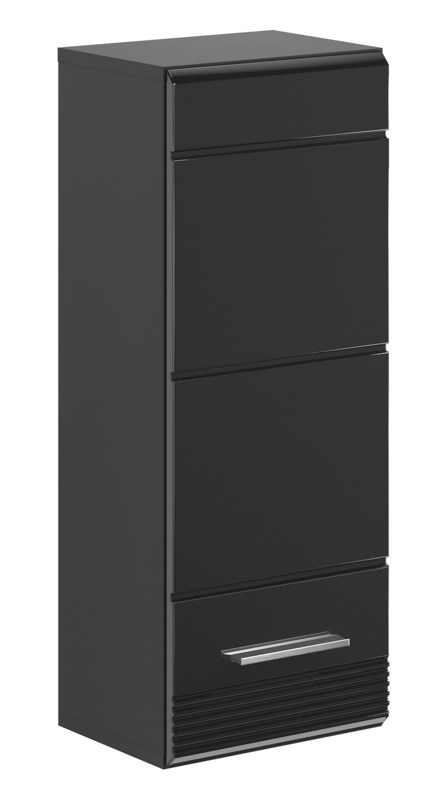 Schwarzer Hängeschrank mit drei Schubladen und einer Tür, seitliche Perspektive