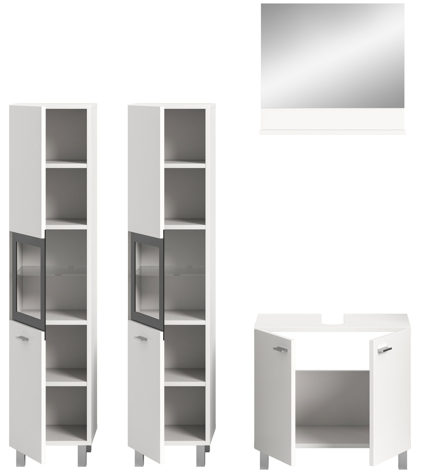 Badezimmermöbel-Set bestehend aus zwei hohen weißen Schränken mit Glastüren, einem weißen Unterschrank und einem rechteckigen Spiegel, frontal betrachtet.
