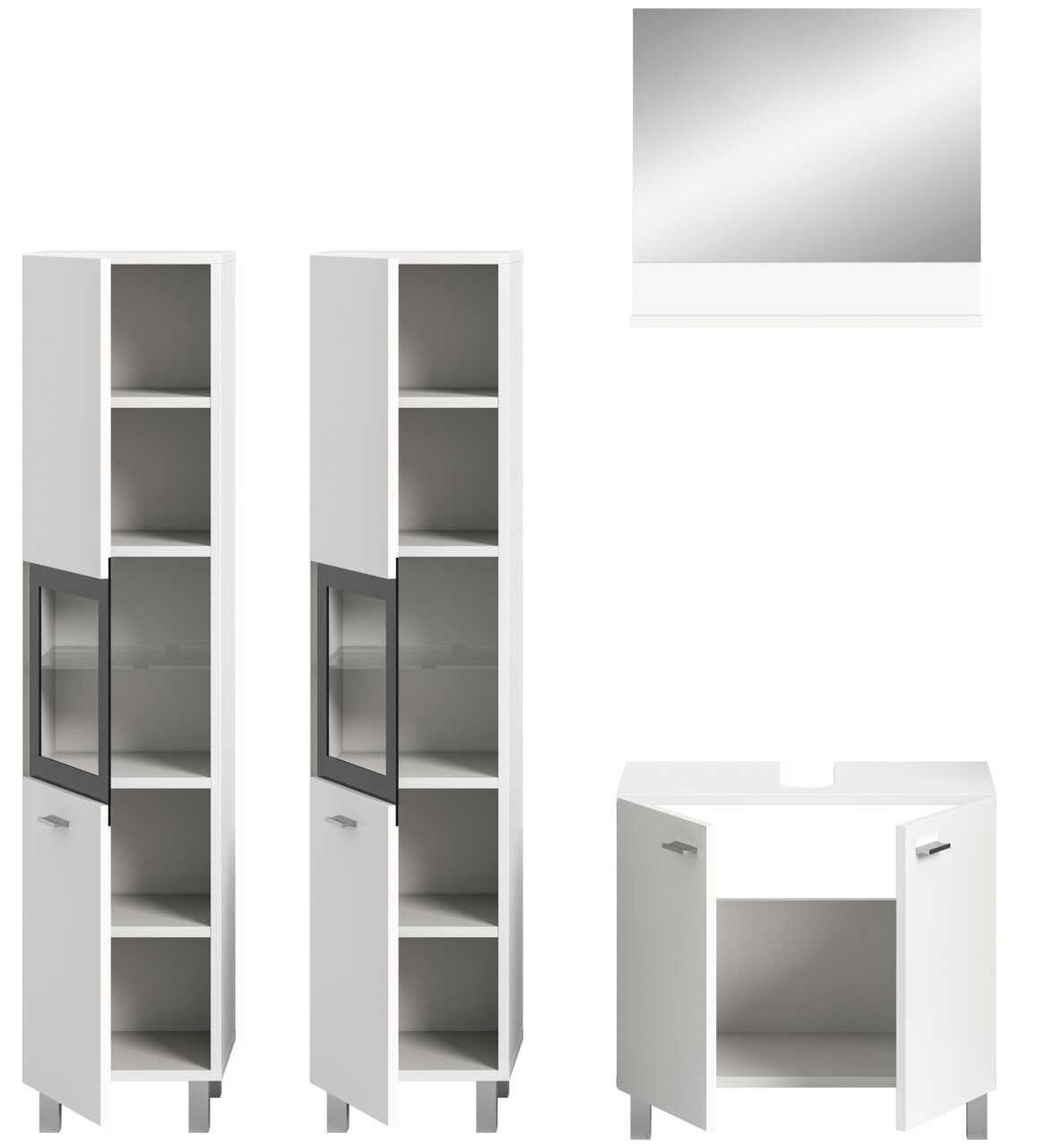 Badezimmermöbel-Set bestehend aus zwei hohen weißen Schränken mit Glastüren, einem weißen Unterschrank und einem rechteckigen Spiegel, frontal betrachtet.
