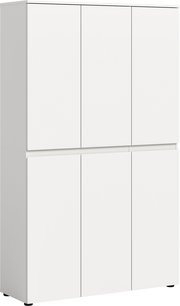 Weißer, minimalistischer Mehrzweckschrank mit sechs Türen, freistehend, in leicht schräger Frontansicht von links