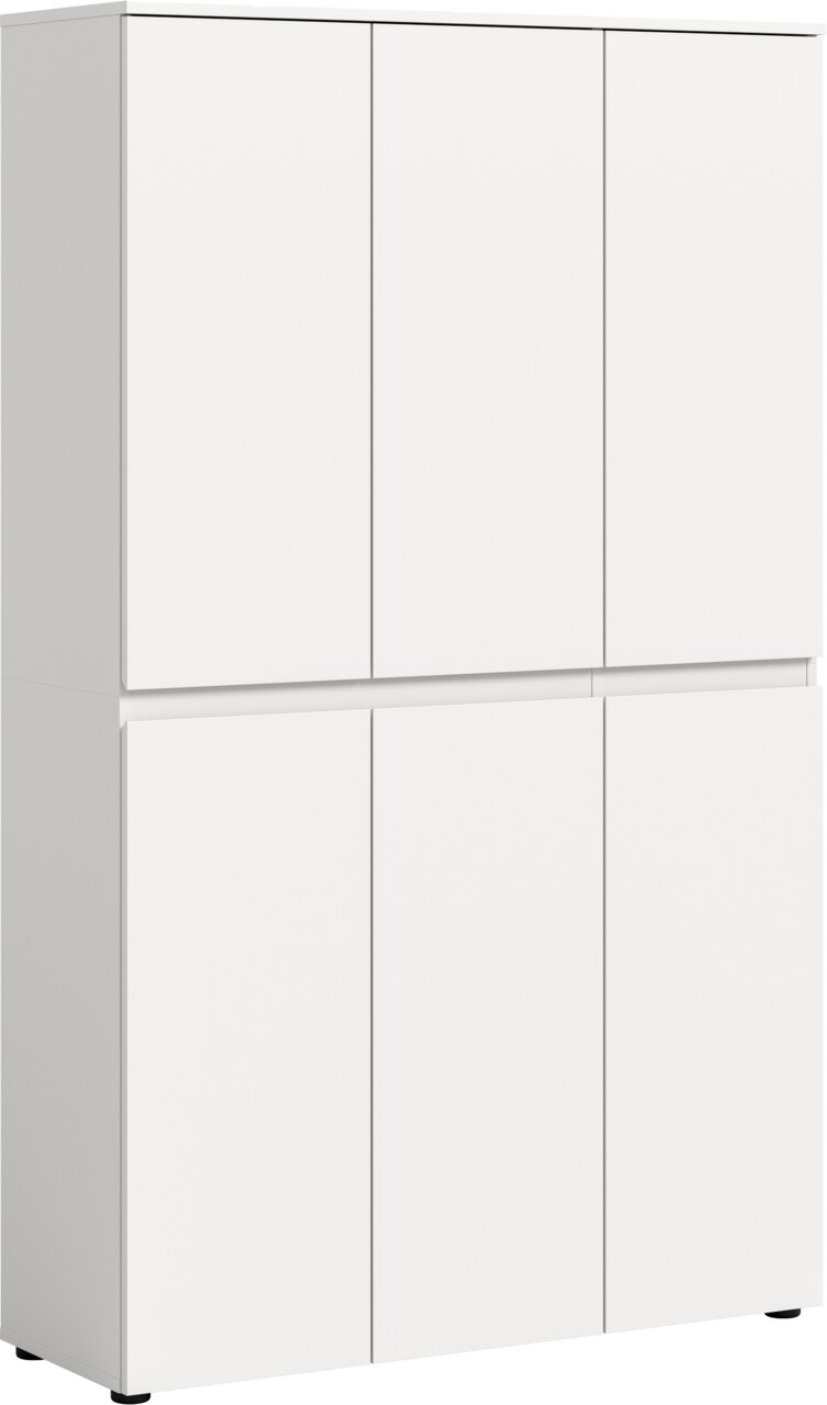 MID.YOU Universalschrank SCARPA Weißer, minimalistischer Mehrzweckschrank mit sechs Türen, freistehend, in leicht schräger Frontansicht von links