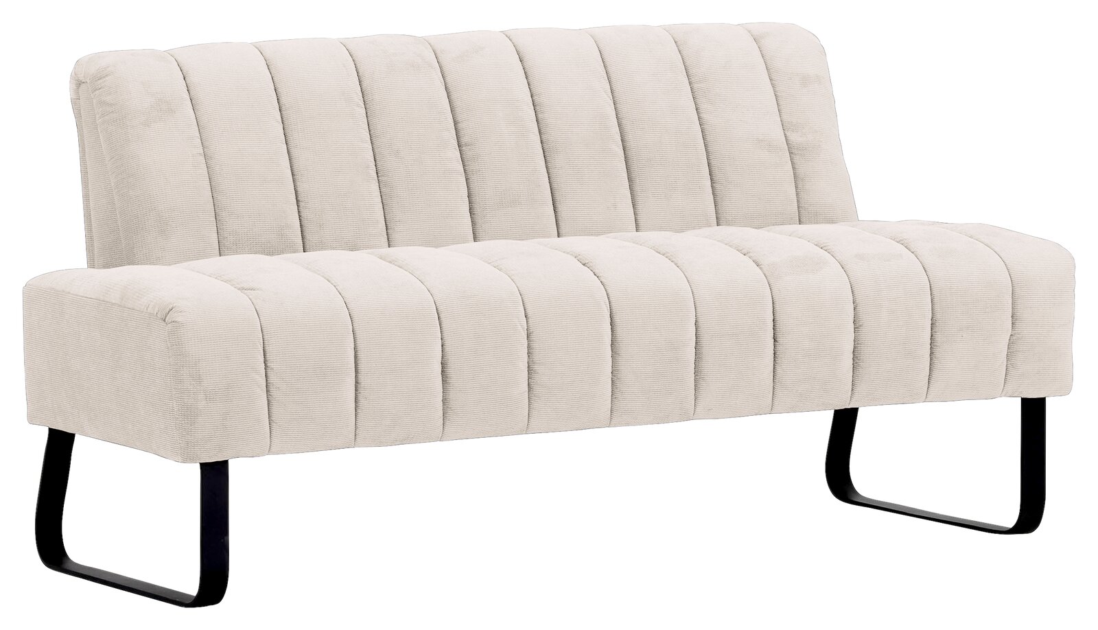 Zweier-Sitzbank mit cremefarbenem Stoffbezug und schwarzen Metallbeinen, seitliche Perspektive