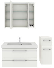 Badezimmermöbel-Set bestehend aus einem Spiegelschrank mit offenen Türen, einem Waschbeckenunterschrank mit zwei Schubladen und einem schmalen Hochschrank, frontal abgebildet.
