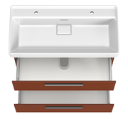 Moderner Waschtisch mit zwei Armaturenlöchern und offenen Schubladen, Ansicht von oben